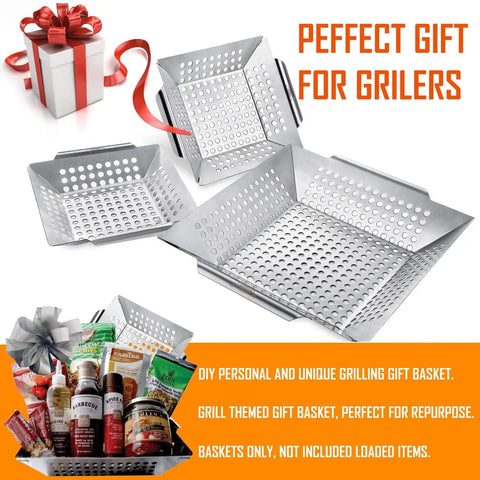 3 Pack Heavy Duty Stainless Steel Grill Baskets For Outdoor Grillin Veggie Grill Baskets Set displayed with gift boxes