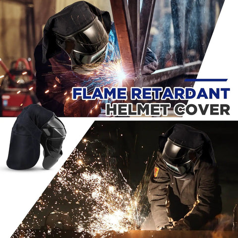 Pro Grade All in One Welding Helmet Cover With Cotton Bib And Extended Head And Neck Protection Press Fit Seal Hood in use during welding.