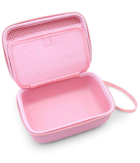 Open Dope Pink Hard Shell Camera Travel Case Straight Up Built To Shield Your Waterproof Toy Action Cams And Video Recorders While Keeping Loose Mounts Straps And Chargers Packed Tight.