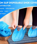Person putting on 300 Pack Disposable Shoe Covers Non Slip Heavy Duty Booties For Indoors Contractors Breathable Waterproof 35 GSM Nonwoven Polypropylene
