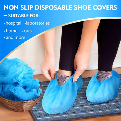 Person putting on 300 Pack Disposable Shoe Covers Non Slip Heavy Duty Booties For Indoors Contractors Breathable Waterproof 35 GSM Nonwoven Polypropylene