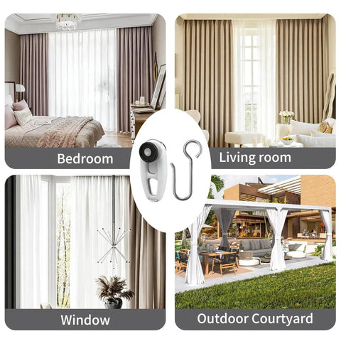 Heavy Duty Pulley And S Hook Set For Double Curtain Track Ceiling Mounted Upgraded White Rail System For Bedroom, Office, Study, Outdoor Courtyard And RV 48 Piece Set in bedroom and patio