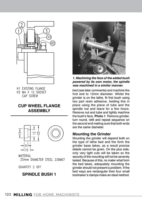 Book page from Milling for Home Machinists with cup wheel flange assembly diagram (left) and grinder spindle photo (right).