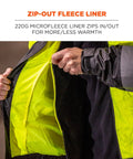 Person showing removable fleece liner of the 3 In 1 Hi Vis Winter Bomber Jacket With Fleece Liner In Lime, Weatherproof Shell.