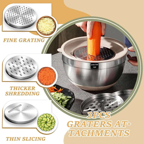 26 Piece Stainless Steel Mixing Bowls Set With Airtight Lids And Grater Attachments Non Slip Bottoms in use with grater attachments