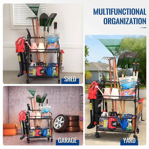 Deluxe Tower Garden Tool Organizer With Wheels For Garage And Shed, holding rakes, shovels, and cleaning supplies, shown in shed and yard.