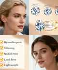 Hypoallergenic Titanium Screw Back Earrings Set Three Pairs VVS1 Sparkling Moissanite Studs displayed on models, showing size options and lightweight design.