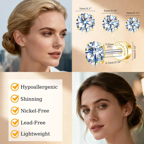 Hypoallergenic Titanium Screw Back Earrings Set Three Pairs VVS1 Sparkling Moissanite Studs displayed on models, showing size options and lightweight design.