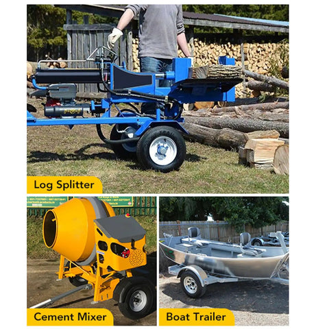 Log splitter in use, cement mixer, and boat trailer in outdoor settings.