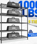 Rock Solid Heavy Duty 5 Tier Wire Shelving Rack 45 Inches Wide Adjustable Storage Organizer Carrying Up To 1000 Pounds with weights on shelves.