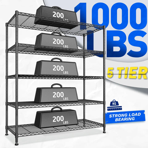 Rock Solid Heavy Duty 5 Tier Wire Shelving Rack 45 Inches Wide Adjustable Storage Organizer Carrying Up To 1000 Pounds with weights on shelves.