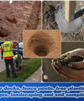Hands holding soil, visible post hole digger use for decking, fencing, tree planting, and landscaping.