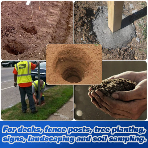 Hands holding soil, visible post hole digger use for decking, fencing, tree planting, and landscaping.