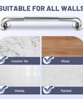 16 Inch Shower Grab Bars 2 Pack Brushed Nickel Safety Supports mounted on ceramic tile, wood, marble, and painted walls.