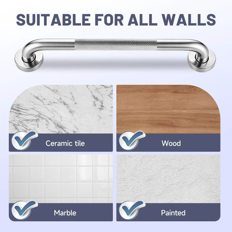 16 Inch Shower Grab Bars 2 Pack Brushed Nickel Safety Supports mounted on ceramic tile, wood, marble, and painted walls.