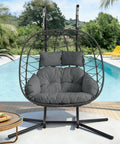 Double Egg Chair With Stand For Indoor And Outdoor Use, 2 Person Hanging Rattan Wicker Swing, Comfy Loveseat, Dark Gray