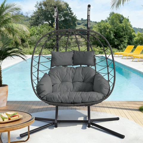 Double Egg Chair With Stand For Indoor And Outdoor Use, 2 Person Hanging Rattan Wicker Swing, Comfy Loveseat, Dark Gray