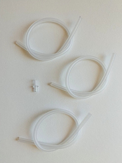 Premium Heavy Duty Milk Hose Tubes For Espresso Makers 3 Pack Drop In Replacement Tubing and secure nipple connectors on white background.