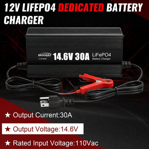 Fast 12V LiFePO4 Battery Charger With 14.6V Output, 30A High Current For 12V Lithium Iron Phosphate Batteries shown with cables