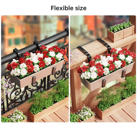 Six Pack Deck Railing Adjustable Planter Box Brackets From 6 To Twelve Point Five Inches Universal Heavy Duty Iron Flower Box Wall Mounting Hooks For Fences Patio And Garden Black holding planters with flowers on railings.