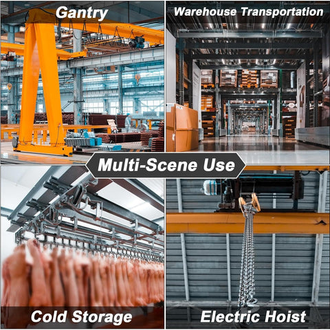 Multi-scene use of orange gantry crane, warehouse transportation, cold storage area, and an electric hoist in industrial settings.
