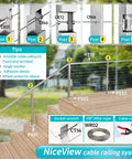 Illustration of 36 Inch Stair Cable Railing Post 2x2 Surface Mount Brushed T304 Stainless Steel For Indoor Outdoor Stairs 25 To 35 Degree Install End Or Mid Post Pre Drilled With 10 Angle Holes on deck