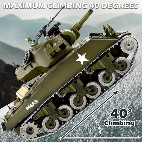 1 To 18 Scale RC M4A3 Sherman Tank With Alloy Tracks, BB Firing Action climbing 40-degree slope outdoors