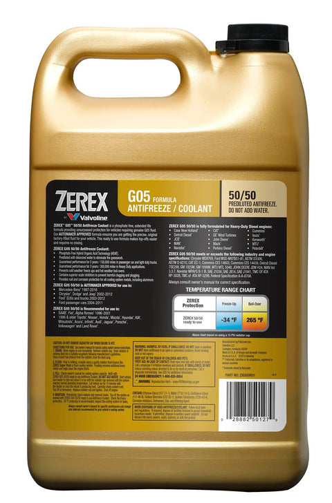 Hybrid G05 Coolant Antifreeze 50/50 Pre Mixed Six Gallon Container with detailed label and safety information.