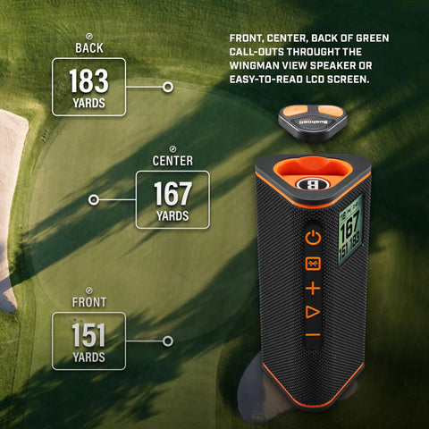 Wingman View Golf Speaker With GPS Yardage And Hazard Alerts On Course LCD Screen showing distances on golf course