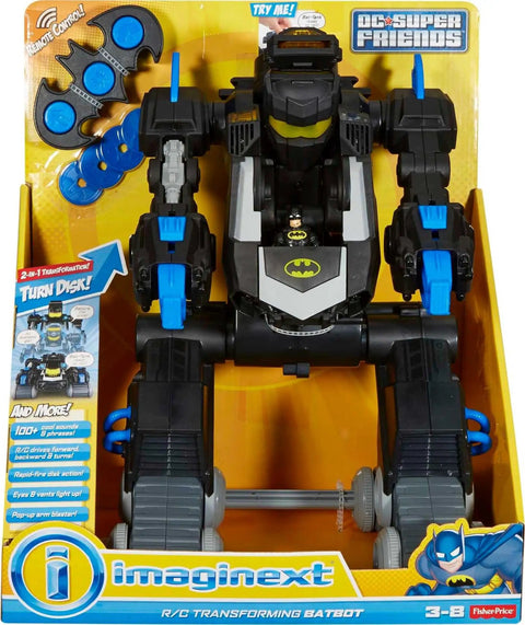 DC Super Friends RC Transforming Bat Bot 2-Foot Tall Robot with Lights and Sounds in packaging, remote control visible.