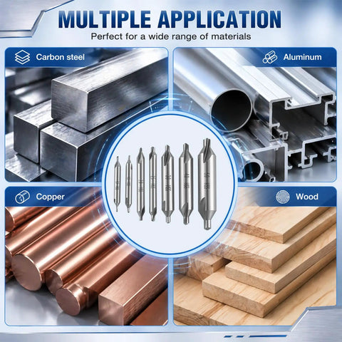 Center Drill Bit Set 7 Piece M2 High Speed Steel 60 Degree Angle Bits For Lathe And Metalworking Countersink Tools displayed with materials