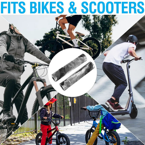 Grippy Flangeless Handlebar Grips For Flat Straight Bars And Scooters With 140 mm Non Slip Grip That Feels Like TPR shown over bikes and scooters