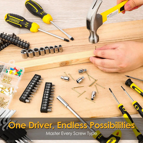 Person using 185 Piece Tool Set With General Household Hand Tool Kit And Toolbox Storage Case For Home Repair, hammering nails