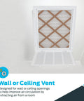 16 x 20 Inch Return Air Vent Cover For Wall Or Ceiling With Hinged Panel Solid Steel Grille Built To Last HVAC Vent Cover For Duct Opening White Finish Dual Latches Modern Look, showing open hinged panel with filter.