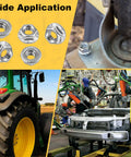 Collage showing 55 Pack M6 Serrated Flange Hex Nuts M6 1 Mm Hexagon Flange Nuts 304 Stainless Steel Metric Fasteners used in various applications