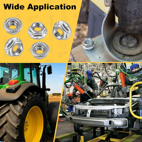 Collage showing 55 Pack M6 Serrated Flange Hex Nuts M6 1 Mm Hexagon Flange Nuts 304 Stainless Steel Metric Fasteners used in various applications