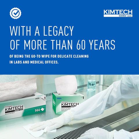 Kimtech Kimwipes Delicate Task Wipes pop-up box, white, lab bench with gloves and two boxes