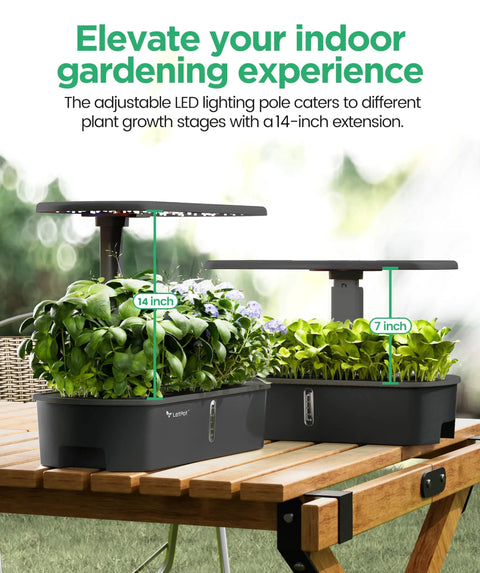Smart Indoor Hydroponics Garden Kit With App And WiFi Control, black 10 pod planter with 24W full spectrum grow light on table