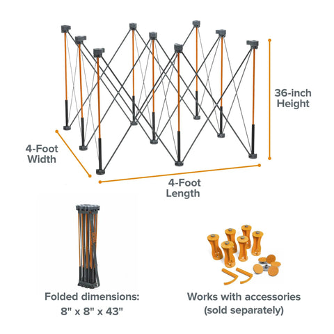 Centipede CT9 36 Inch Tall Quick Setup Portable Folding Workbench With Carry Strap, shown in expanded and folded views with accessories