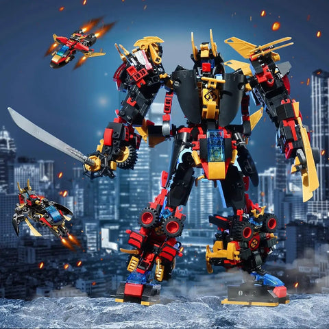 12 In 1 Transforming Mecha Robot Building Set For Adults And Kids displayed as a mech warrior in a futuristic city backdrop.
