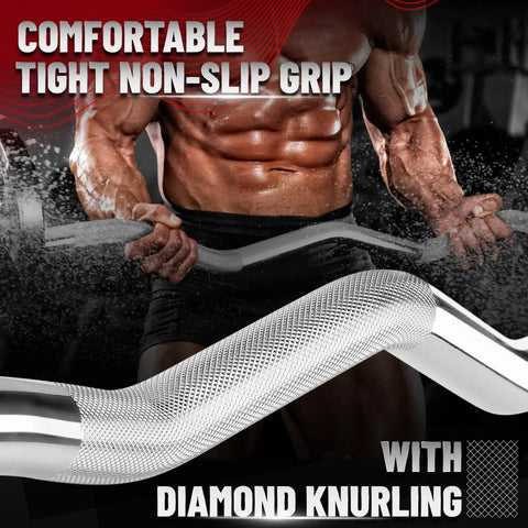 Chrome EZ Curl Bar 47 Inch Curl Barbell with diamond knurling for non-slip grip, solid steel for biceps and triceps exercises
