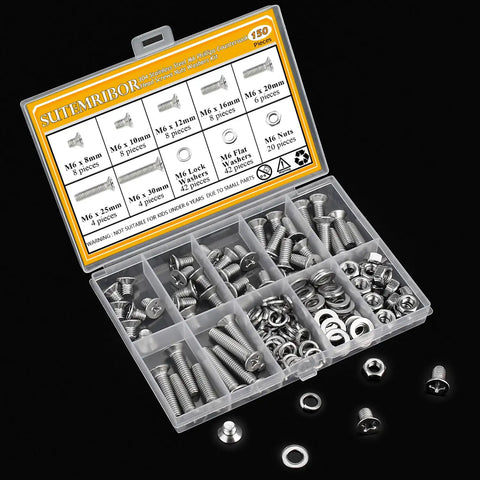 150 Piece M6 Countersunk Phillips Machine Screws Nuts Washers Set For 304 Stainless Steel Fully Threaded Assortment Kit