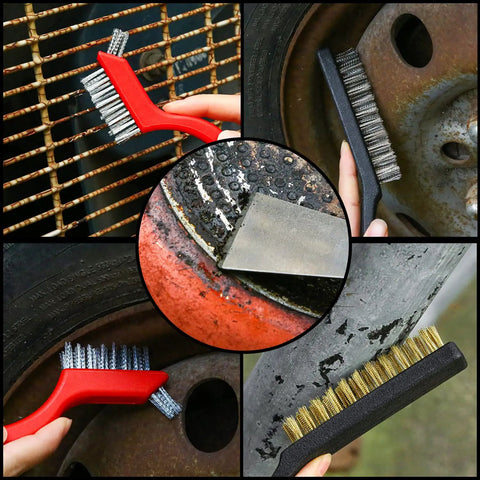 Eight-Piece Wire Brush Set With Heavy-Duty Scrapers And Brass, Nylon, And Stainless Steel Bristles For Rust, Paint, Slag, And Dust Cleanup