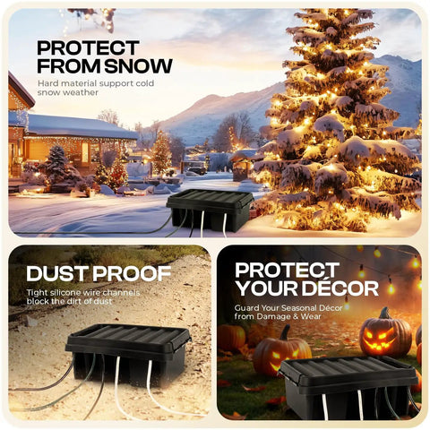 Dope Weatherproof Indoor Outdoor Power Cord Enclosure For Timers Cords Transformers Power Strips Lights And Tools IP55 Waterproof Box Black Medium Size in snow, dust, and Halloween decor settings