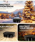Weatherproof Outdoor Electrical Box Protects Power Strips Timers Extension Cords Reels Transformers Lights And Tools Indoor Safe Dry IP55 Rated Enclosure, shown protecting gear in snowy and holiday settings.