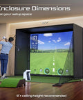 Rock Solid Golf Simulator Enclosure With 10X8 Ft HD Impact Screen And Dual Shank Nets, showcasing setup dimensions in a home space.
