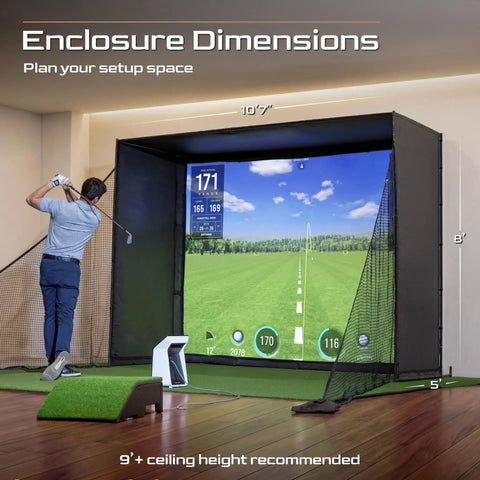 Rock Solid Golf Simulator Enclosure With 10X8 Ft HD Impact Screen And Dual Shank Nets, showcasing setup dimensions in a home space.