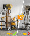 Ultra Large 86 Tool Capacity Freestanding Garden Tool Organizer for Garage and Shed comparison graphic with organized tools.