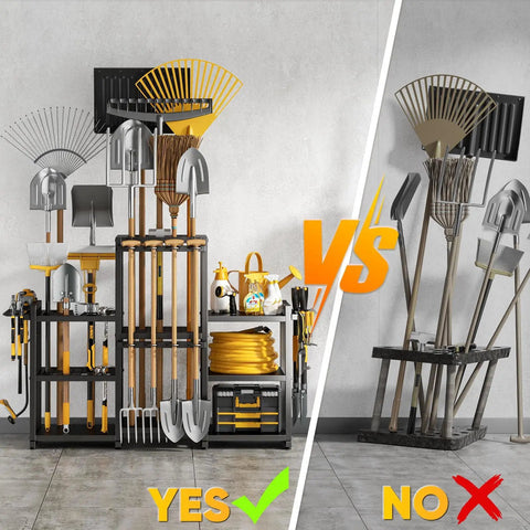 Ultra Large 86 Tool Capacity Freestanding Garden Tool Organizer for Garage and Shed comparison graphic with organized tools.