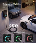 Top Shelf Level 2 Electric Charger 50 Amp 240V Nacs Plug Hardwired showing 25ft cable, car charging in garage with LED indicators.
